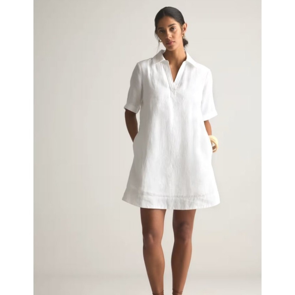 Quince 100% European Linen Popover Mini Shirt Dress White Pockets Small A01137